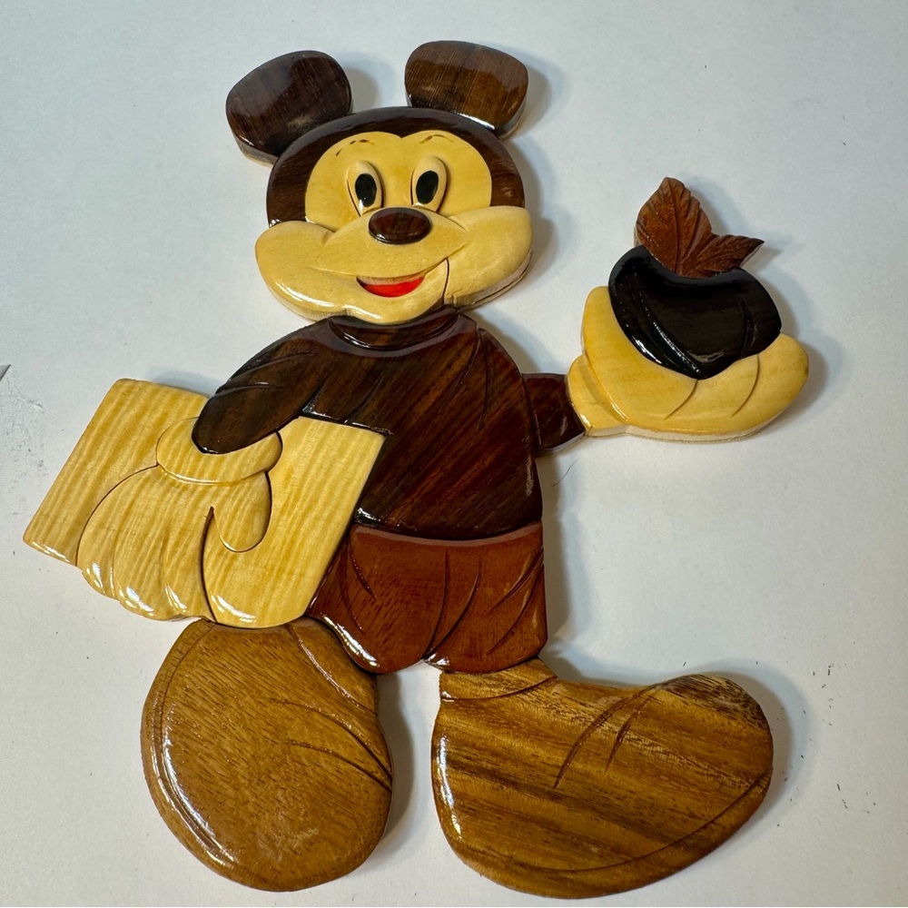 Disney Mickey Mouse Intarsia Wood Wall Art Decor Hand Carved 9.5” Plaque